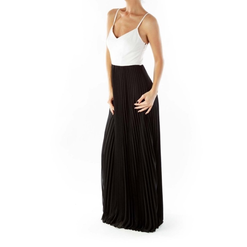 Ali & Jay Chiffon Pleated Corset Top Maxi Cocktail Dress in Black and Cream - M